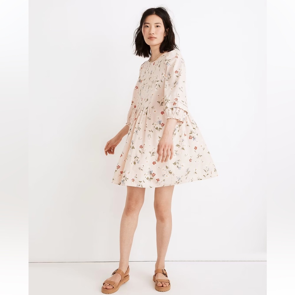 Madewell Pintuck Puff-Sleeve Mini Dress in Seaside Floral